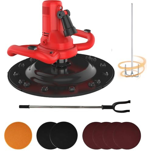 Truelle Électrique Professionnelle, Ponceuse Plâtre - Moteur Cuivre Endurant, Vitesse Variable, Ventilation Optimale, Perche De Rallonge, Malaxeur, Disque LED Pour Finitions(Red)