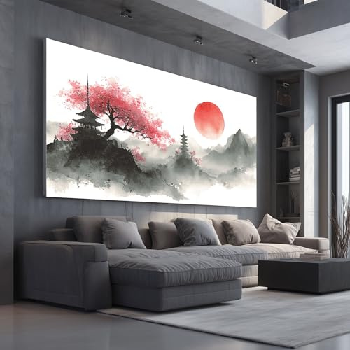 Groß Leinwand Bilder für Schlafzimmer Deko Japanische Pagode XXL | Kunstdruck mit Asiatischer Stil Kirschblüten Wanddeko Traditionell Sonnenaufgang Wandbilder Decor Canvas mit Rahmen 60x120 cm