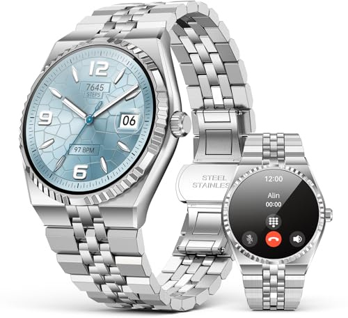 Smartwatch Herren mit Telefonfunktion, 1,32''AMOLED Smart Watch mit Herzfrequenz-/Blutsauerstoff-/Blutdruck-/Schlafmonitor,Wasserdicht Runde Uhr, 160+ Sportmodi Fitnessuhr mit für Android iOS(Silber)