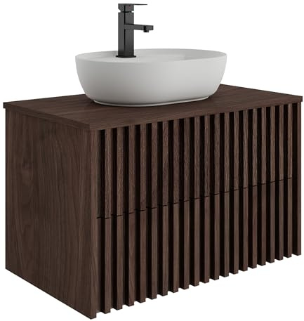 UEV Waschtisch mit Unterschrank, Waschbecken hängend 81cm, Dunkelbraun | Waschbeckenunterschrank Badmöbel Set, Ovaler Waschbecken aus Keramik, ausreichend Stauraum Platzsparender Badezimmmer Möbel