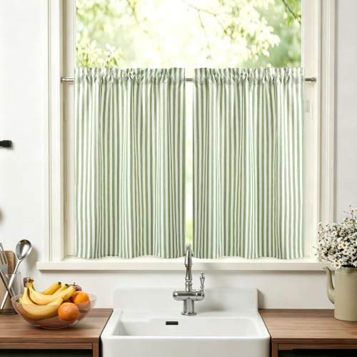 Green Striped Small Kitchen Curtains W26xL36 ,Short Cafe Curtains 2 PCS | Rod Pocket Light Filtering Half Curtains for Kitchen, Cafe, Sink, Cabinet,Bathroom