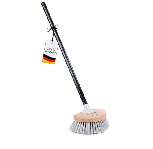 Waschbürste Halbmond mit Metallstiel Fenster Türen Auto Wascher mit Stiel | Halbrunde Form, Weiche Kunstfaser Borsten, Buchenholz, Metallstiel 120cm, Für Fenster, Türen, Auto, Caravan