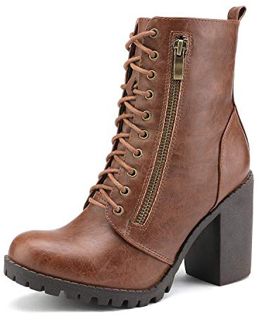 DREAM PAIRS Women's Combat Ankle Chunky Heel Lace up Booties,Tan,6.5