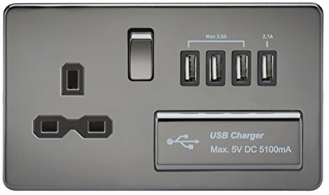 Knightsbridge SFR7USB4BN Prise commutée sans vis 1G 13A avec Chargeur USB Quad 5 V DC 5,1 A Nickel avec Insert Noir