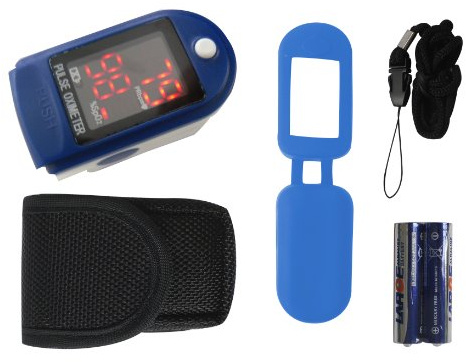 Finger Pulse Oximeter TIGA-50DL CMS-50 DL Blue Heart Rate Monitor SPO2 Oxygen Saturation Measurement with LED Display Including Batteries/Pouch/Silicone Protective Case/Carry Strap and German Plug x 1