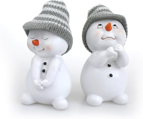 2X Deko Figur Schneemann im Set je 11 cm, Keramik weiß, Wintermütze Textil Wolle grau, Keramikfigur Dekofigur Winter Weihnachten Advent Dekoration