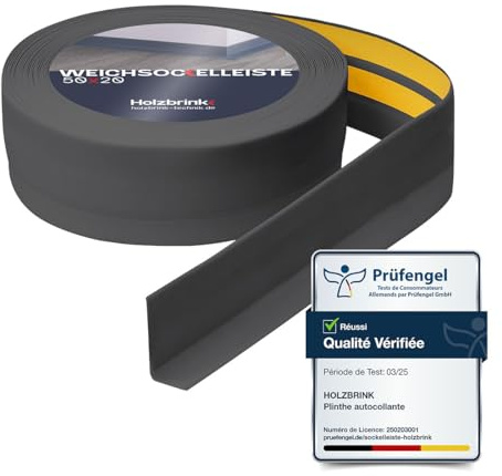 HOLZBRINK Weichsockelleiste selbstklebend PVC 50x20mm, 15 m | Winkelleiste für Küchenarbeitsplatte, Bodenbelag | Eckleiste selbstklebend | Farbe: Dunkelgrau