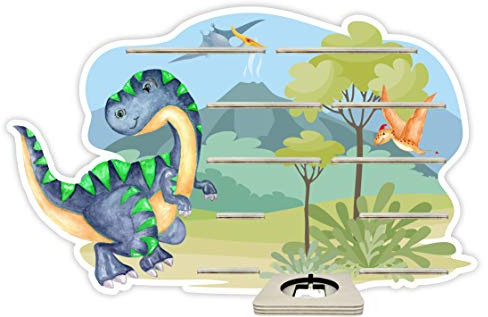 Farbklecks-Collection Musikboxregal Dinoabenteuer, Wandregal für bis zu 40 Hörfiguren, Maße 49 x 76 x 6 cm, mit speziellem Ablagefach kompatibel mit Toniebox, handgefertigt in Deutschland