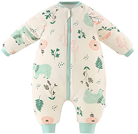 Baby sovsäck vinter pojkar flickor sovsäck med ben 3,5 Tog bomull avtagbar ärm tvåvägs dragkedja varm sparkdräkt pyjamas spädbarn present barn 6–18 månader, gul