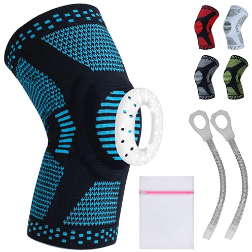 360 RELIEF - Compression Knee Brace with Gel Pads and Side Knee Stabilizers, Joint Support, Comfort, Active Recovery, Running, Workout Protection - Medium, Blue + Laundry Bag