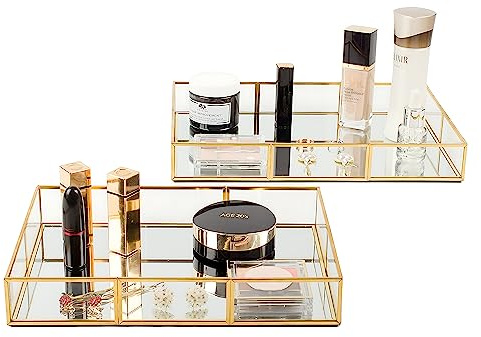 Juego de 2 bandejas de tocador de Perfume Doradas, Bandeja Rectangular de Espejo con Marco de Metal, Bandeja Decorativa para tocador, joyería de baño o decoración del hogar (L+S)