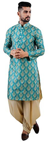 STIL Omedelbar herr indisk satin bomull Kurta Dhoti set tunika traditionell klädsel, Blågrön, L