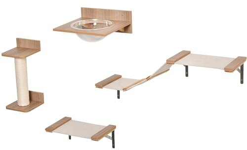 PawHut Kletterwand Katzen 4-teilig Katzenkletterwand bis 5 kg Hellbraun | Set, Katzen Wandelemente, Kratzbaum, Hängematte, Sprungplattform, Kratzsäule, Katzentreppe, Katzenwandmöbel