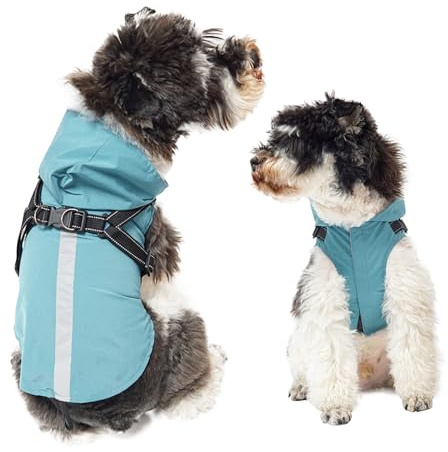 PETCUTE Hunde Regenmantel Regenjacke mit Geschirrl,Winddicht Wasserdichter Hundemantel mit Reflektierenden Streifen, Verstellbarer Hunde Regenjacke mit Kapuze für Kleine Mittelgroße und Große Hund