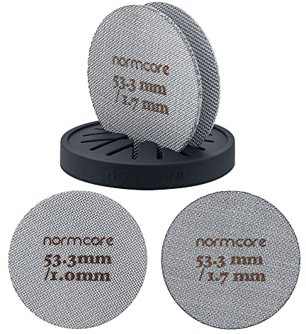 Normcore Paquete de 2 pantallas de disco de 53,3 mm con soporte, ducha de contacto reutilizable con soporte de silicona, malla de 1,7 mm, 1,0 mm de grosor, 150 µm, compatible con máquina de espresso