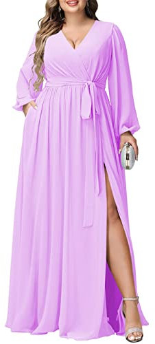 KURFACE Robe de demoiselle d'honneur de mariage, robe longue à col en V, manches longues, robe de soirée d'anniversaire, lilas, 58 Grande taille