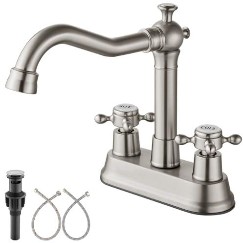 Aolemi 4 Inch Centerset Bathroom Sink Faucet Vintage 2 Cross Handles RV Mixer Tap Basin Vanity Lavatory Utility for Sink 3 Hole Include Water Hose Pop Up Drain with Ceramic Cover Brushed Nickel