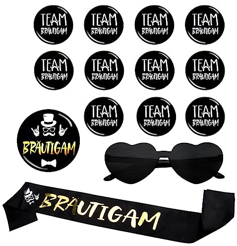 DAWRIS JGA Deko Männer, Junggesellenabschied Männer Accessoires | 1 Bräutigam JGA Schärpe 1 Bräutigam JGA Buttons 1 JGA Brillen 11 Team Bräutigam Buttons für Junggesellenabschied Engagement