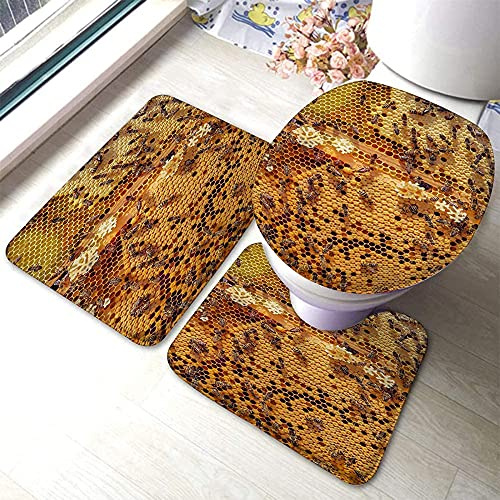 IUBBKI 3 Piece Bath Mat Set Honey Bees Pedestal Mat Toilet Lid Cover Anti Slip Floor Mat Decorations U Shape Wc Toilet Rug, For Bathroom
