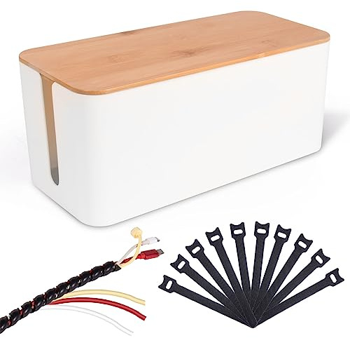 O4L Kabel Aufbewahrungsbox in weiß mit Bambusholz Deckel, Kabelmanagement Box mit Kabelspirale und Klettkabelbinder, Steckdosenbox für Kabelversteck 32x13.5x13cm