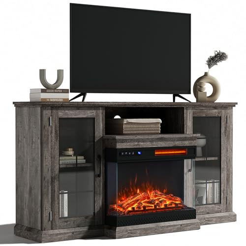 INMOZATA Electric Fire Insert TV Stand, Entertainment Center Console Table with 3-Side Realistic LED Flame Effect Display, Remote Control&Overheat Protection, Grey, 25 Fireplace, for 65 TV