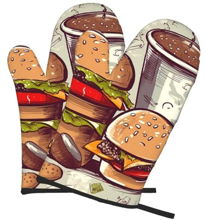 Ofenhandschuhe für die Küche, hitzebeständig, 260 °C, wasserdicht, rutschfest, Ofenhandschuhe zum Kochen, Backen, lustige Lebensmittel, Hamburger und Tassen, Küchenhandschuhe, 2 Stück, schützen die