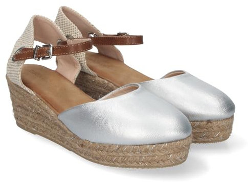 shoes&blues.es 84230 Sandalia de Cuna de Yute para Mujer, Comodas y Elegantes, Pala Cerrada, Yute con Adornos Brillantes y Cierre de Hebilla Ajustable. Plata Talla 38