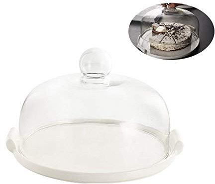 WYRMB Household Utility 26 / 30Cm Ceramic Cake Box, Porcelain Serving Platter and Glass Cover Cafe Salad Cheese Domed Cake Stands Party Bread Tray Chip & Dip Server, 26 * 26 * 11.5CM, 26 * 26 * 11.