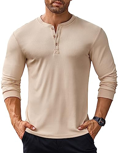 COOFANDY Hombres Básico Camisetas de Manga Larga Henley Camisetas Casual Camiseta con Botones Camisa Lisa Ligero Camisetas Camisa de Fondo Caqui XL