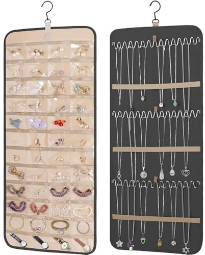 Ritte Porta Orecchini Da Appendere Porta Orecchini Organizer Doppia Faccia Organizer Da Appendere Porta Collane Da Appendere Espositore Gioielli Per Ragazze Donne, con 48 Tasche e Ganci (Nero)