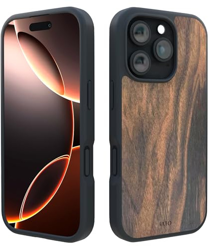 iATO Coque pour iPhone 16 Pro : coque en bois naturel de qualité supérieure, protection de qualité militaire, ultra fine, compatible avec MagSafe, respectueuse de l'environnement (noyer)