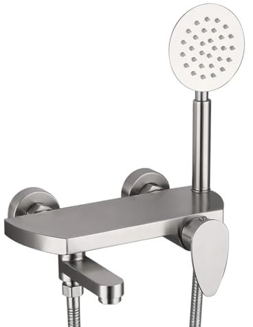 Badewannenarmatur aus Edelstahl mit Wandhalterung, Handbrause und schwenkbarem Auslauf, inklusive 150 cm langem Schlauch, gebürstete Oberfläche