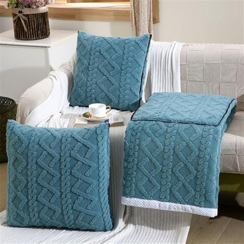 Surwin Decke Kissen 2 in 1, TAFT Jacquard Lambswool Reisedecke Steppdecke, Modern Verwandlungskissen, Multifunktionale Zierkissen Wohndecke Kinderdecke für Reisen Flugzeug (Türkis,150x200cm)