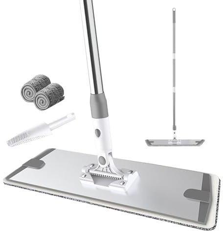 Balai Plat Microfibre,Kit Balai Serpillère avec 3 Robuste en Acier Inoxydable montable,raclette,2tampon en Microfibre,pour Taches de Nettoyage pour Lavage Sol (60cm)
