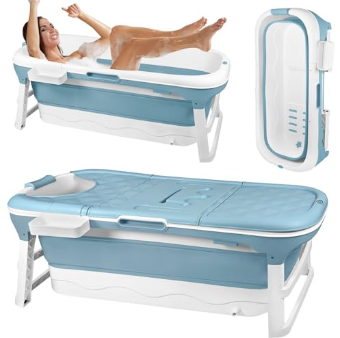 Baignoire Pliable pour Adulte, Baignoire Mobile avec Rouleaux de Massage, Siège de Baignoires Portable, Couvercle Amovible, Panier à Savon, pour Salle de Bain à Poser, 128x62x52cm
