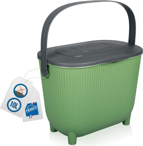 Premium Komposteimer 10L Küche Biomüll Behälter Bio Mülleimer mit Deckel und Aktivkohlefilter (Grün/Dunkelgrau)
