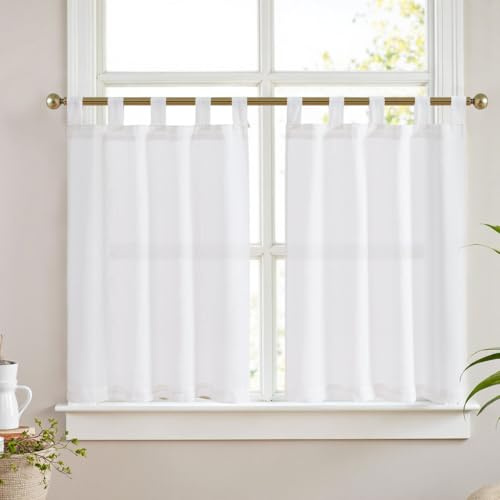 Vangao Scheibengardinen mit Schlaufen Bistrogardine 2er Set 65Bx90Hcm Weiß | Leinenoptik Gardinen Kurz Weiss, Küchengardinen Lichtdurchlässig Landhausstil für Küche Wohnwagen Kleine Fenster 90cm lang