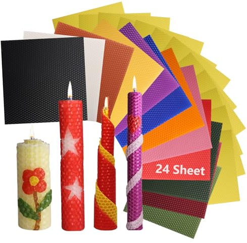 AKOLAFE 24PCS Beeswax Candle Making Kits for Adults, 12 Colours Beeswax Candle Making Sheets 20X20CM Pure Bees Wax Sheets with 2 Wicks for Candle Making, DIY