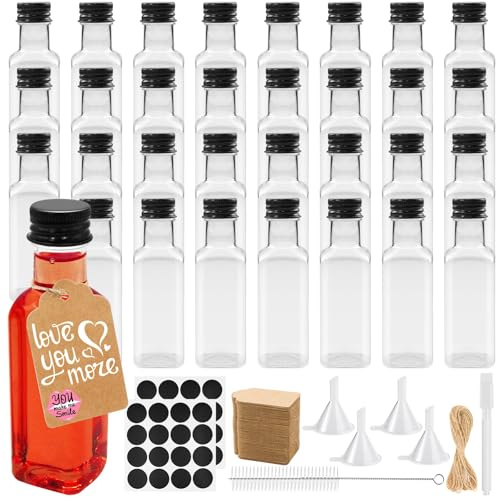 Mispudin 32 Pack Mini Alcohol Bottles 50ml, Wedding Favour Shot Bottles | Empty Square Plastic Miniature Bottles with Lids, Reusable, for Hen Party, Vodka, Whiskey Samples, Hangtags, Funnel, Labels