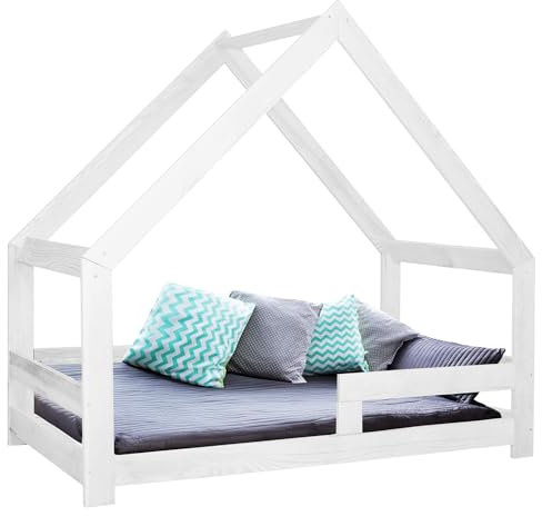 SPRINGOS Kinderbett Hausoptik mit Lattenrost Dach und Rausfallschutz 80 x 160 cm Kiefernholz Bett mit Füßen Hausbett für Jungen und Mädchen
