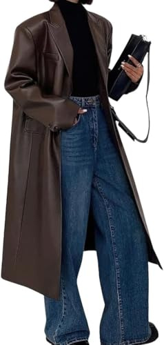 Juankrynord Trench lungo da Donna alla moda primaverile ampio lungo fino al ginocchio in PU con risvolto e bottoni stile retrò giacca da completomonopetto trench autunnale (Caffè,S)