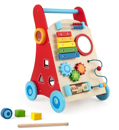 DREAMADE Chariot de Marche en Bois Bébé,Trotteur Bébé Montessori avec 3 Blocs&1 Maillet&Xylophone&Espace de Rangement,Marcheur d'Apprentissage pour Garçons Filles 3 Ans+ (Multicolore)
