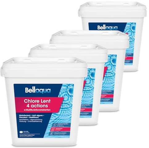 BELLAQUA Chlore Lent Multifonction Piscine 4 x 5kg Galet Traitement Complet | Galets 200g, 4 en 1, dissolution lente & action longue durée, 1 galet / 20-30 m³ par semaine, skimmer ou doseur flottant