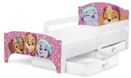 Leomark Komfortables PAW Patrol Kinderbett mit Matratze und Lattenrost Holz-Einzelbett 140 x 70 cm Grau mit Cartoon-Motiven Perfekt für das Kinderzimmer, Motive (PAW Patrol 09)