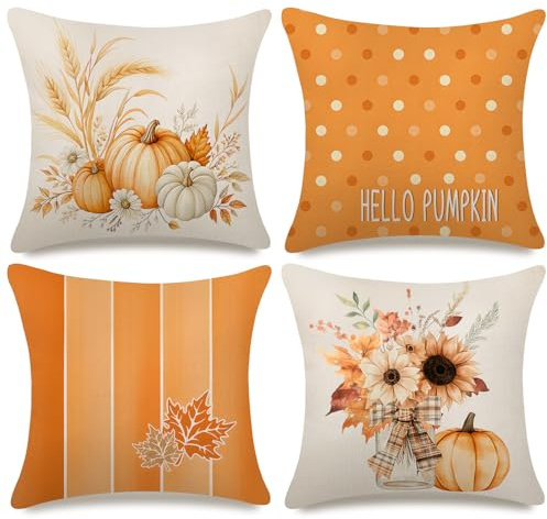 PITMT Federe Cuscini Divano Autunno 45x45cm, 4 Pezzi, Decorativi Autunnale Fodere per Cuscini in Lino con Bouquet di Zucche Cuscini Divano, Decorazioni Autunnali Soggiorno Camera da Letto al Chiuso