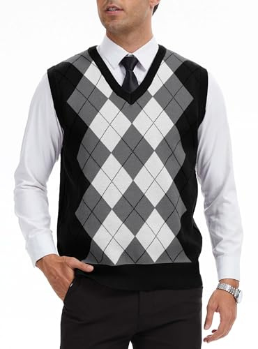 Zaitun Men's Argyle Sleeveless Jumper V-Neck Knitted Sweater Vest Black