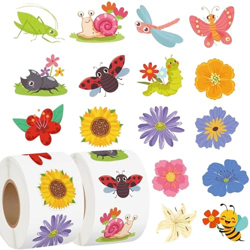 JAXICREY Sticker Blumen, 1000 Stück/2 Rollen Aufkleber Blumen Insekten Schmetterling Sticker Kinder Schmetterlinge Frühlings Sommer Blumensticker Blumenaufkleber für Umschläge Fotoalbum Scrapbook