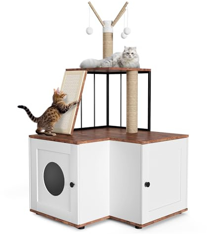 Cat Tree with Litter Box Enclosure, 124cm Cat Tower Hidden Cats Washroom Furniture with Scratching Board, Dangling Balls, All-in-One Kitty Furniture