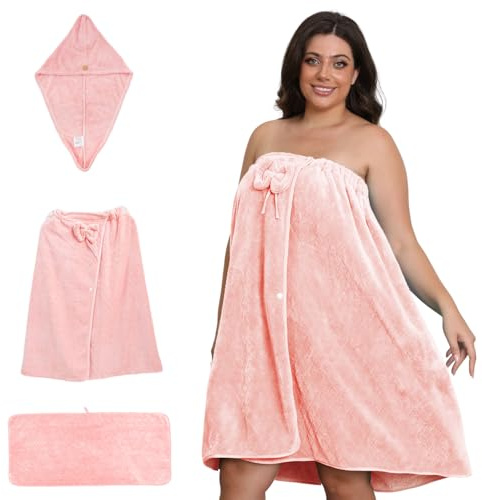 Emdelifo Badetuch-Wickeltuch in Übergröße für Damen (XXL-XXXXL), übergroßes Dusch-Wickelkleid, Spa-Bademantel, bequemer, Verstellbarer Körperwickel + Haartrockentuch + Handtuch (PINK, 210cmX80cm)