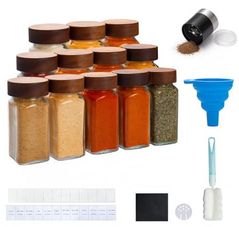 BLUE BAZAAR Glass Spice Jars Set 120ml Clear Kitchen Storage Jars with Airtight Wooden Lids, Glass Spice Jars Funnel & Chalkboard Labels – Seasoning Containers for Herbs & Spices (Wood Lid, 12PCS)
